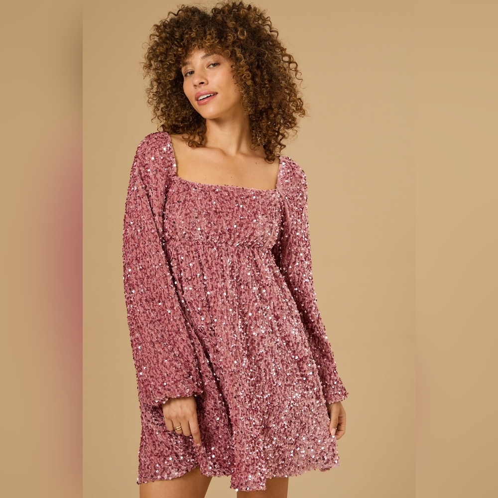 Altard State Paige Sequin Dust Rose Pink Mini Babydoll Dress M